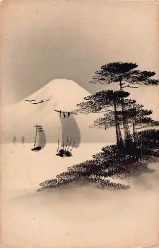 Handgemalte Silhouette Bäume Japanische Kunst Segelboote Berg Fuji Postkarte