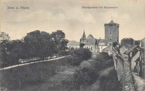 B076 Deutschland Zons a Rhein Stadtgraben mit Rheinturm Turm Vintage Postkarte