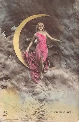 Lever de la Nuit Göttin sitzt auf Mondsichel Tonkunst Vintage Postkarte