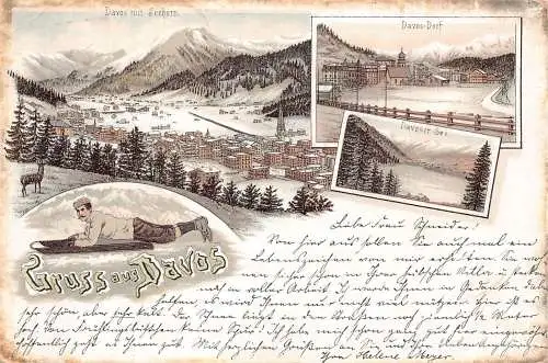 L409 Schweiz Gruss aus Davos 1899 Mann Schlitten Litho Vintage Postkarte