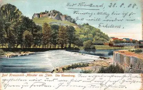 A129 Deutschland 1908 Bad Kreuznach-Münster am tein Die Zitadelle Ebernburg Postkarte