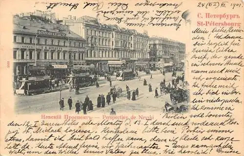 B069 Russland 1901 St Petersburg Newski Prospekt Straßenbahn KI Zerkleinerer Laden Postkarte