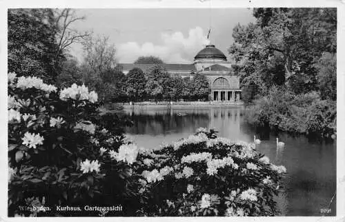 B074 Deutschland 1937 Wiesbaden Kurhaus Gartenansicht Blumen RPPC Postkarte