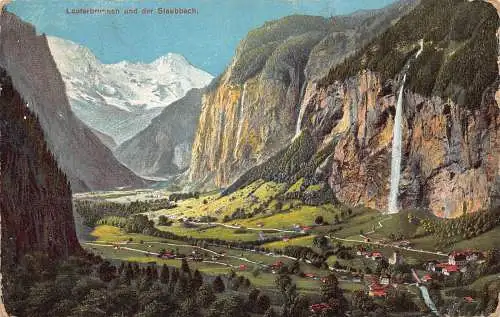 B074 Schweiz 1912 Lauterbrunnen und Staubbach Wasserfall Vintage Postkarte