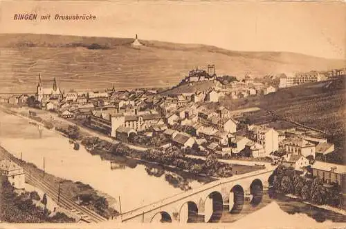 B075 Deutschland Bingen mit Drusubrücke Vintage Postkarte