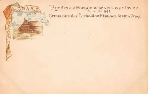 B069 Tschechien Gruss aus Cechoslav Ethnogr Aust in Prag Volkshaus Postkarte