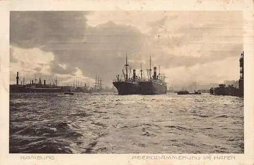 A119 Deutschland 1913 Hamburg Abenddaemmerung Hafen Dampfschiff Hafen Postkarte