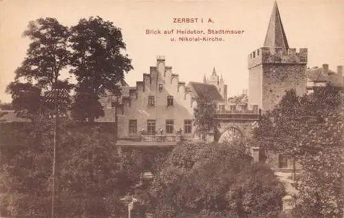 A119 Deutschland Zerbst i A Ansicht Heidetor Stadtmauer Nikolai Kirche Kirche Postkarte