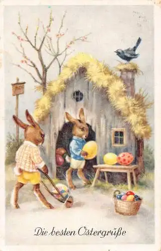 L091 Frohe Ostern 1941 Anthropomorphe Hasen Eier Fantasy Postkarte