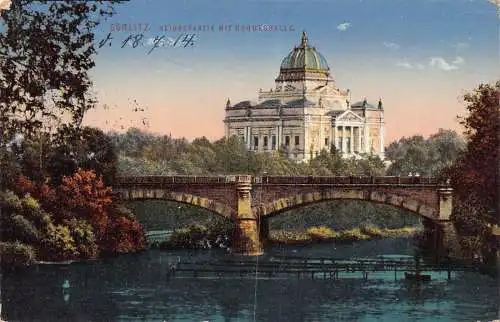 L017 Deutschland 1914 Görlitz Neissepartie Mit Ruhmeshalle Brücke Vintage Postkarte