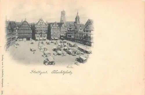 L020 Deutschland Stuttgart Marktplatz Markt Vintage Postkarte