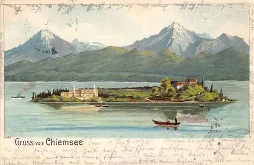 A121 Deutschland 1901 Gruss vom Chiemsee Berg Litho Vintage Postkarte