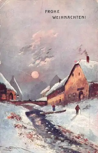 A126 Gemälde signiert Winterlandschaft Mondschein Cottages Fluss Vintage Postkarte