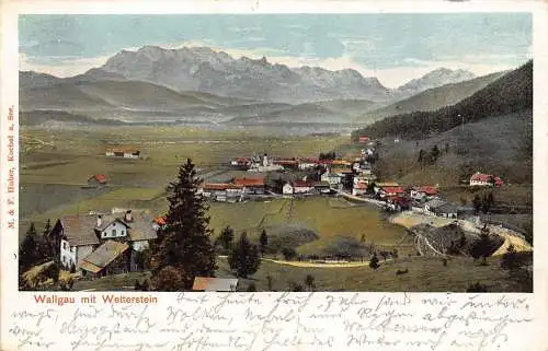 A123 Deutschland 1907 Wallgau mit Wettersetin Gesamtansicht Berg Litho Postkarte
