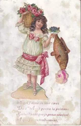 B082 Neuheit Aprilscherz 1906 Mädchen Rosen Korb Fisch Seide Rose Postkarte