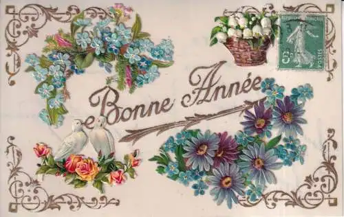 B082 Neujahr Vergissmeinnicht Tauben Rosen Maiglöckchen Neuheit Postkarte
