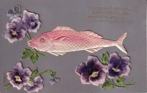 B082 Neuheit Aprilscherz Seidenblumen Stiefmütterchen und Fisch Gedicht 1907 Postkarte