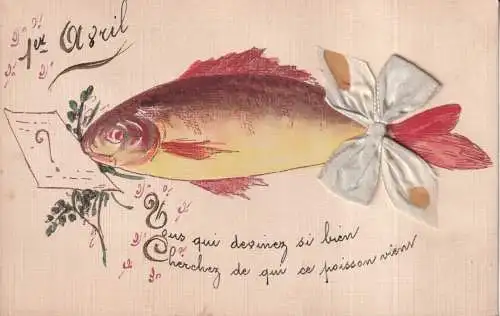 B082 Neuheit Aprilscherz Fisch? Brief Seidenband Postkarte