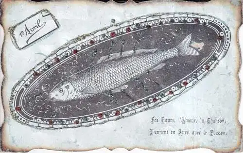 B082 Neuheit Aprilscherz Fisch auf Teller Glitzer Vintage Postkarte
