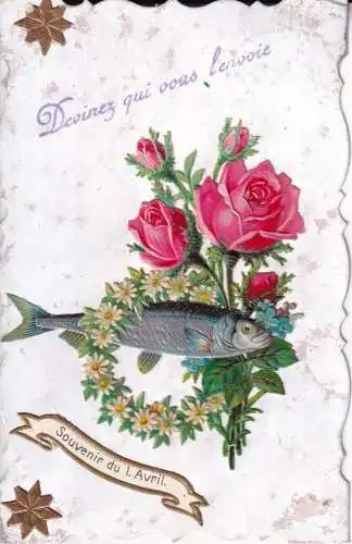 B082 Neuheit 1908 Aprilscherz Rosen Gänseblümchen Fisch Vintage Postkarte