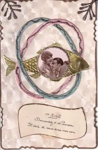 B082 Neuheit Aprilscherz Liebhaber Portrait Fisch Glitzer Vintage Postkarte