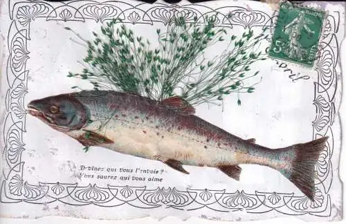 B082 Neuheit Aprilscherz Fisch 1908 Blätter geklebt Vintage Postkarte