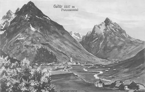 A122 Österreich Künstlerkarte Galtür 1537m Patznauntal Berg Vintage Postkarte