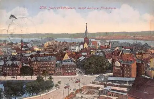 A124 Deutschland 1911 Kiel Blick vom Rathaus Schloss Straßenbahn Nikolaikirche Postkarte