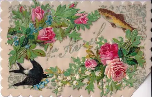 B082 Neuheit Aprilscherz Rosen Vergissmeinnicht schlucken Vogel Fisch Postkarte