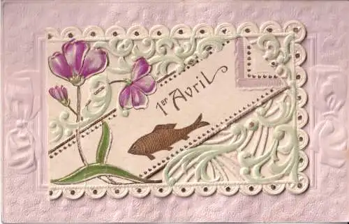 B082 Neuheit Aprilscherz Heft Blumen Fisch geprägt Vintage Postkarte