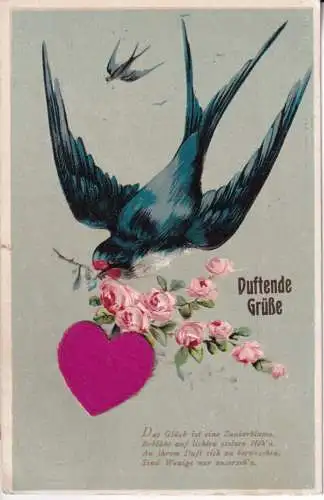 B082 Neuheit Grüße Schwalbe Vogel Rosen Seide Herz geprägt 1910 Postkarte
