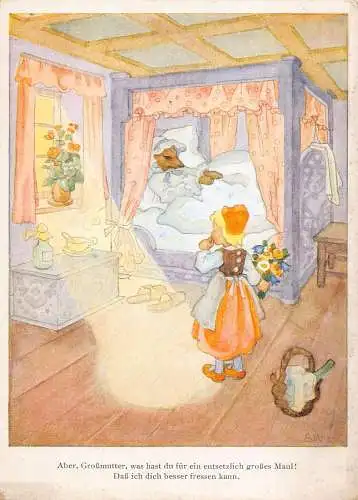 B083 Fantasy Märchen Rotkäppchen zu Besuch bei Oma Wolf Blumen Postkarte