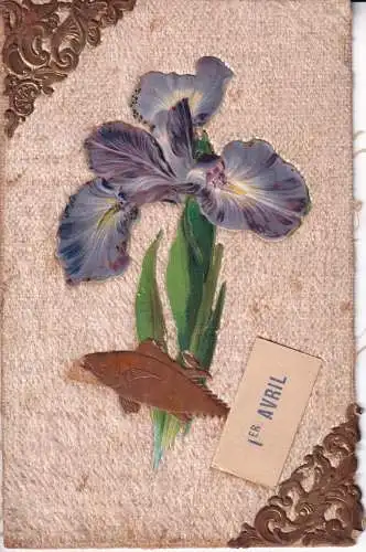 B082 Neuheit Samt 1907 Aprilscherz Iris Blume Fisch Gold Detail Postkarte