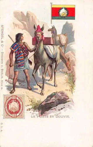 Bolivien La Poste en Bolivie Postbote Flagge Litho Vintage Postkarte