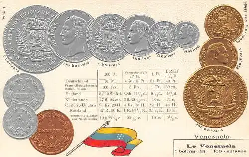 Venezuela geprägte Bolivaren Münzflagge Vintage Postkarte