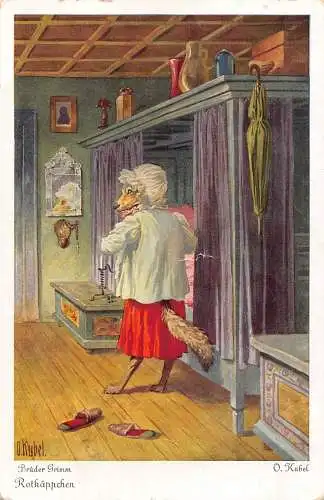 B084 Märchenfantasie Rotkäppchen Vermenschlichter Wolf als Oma Postkarte