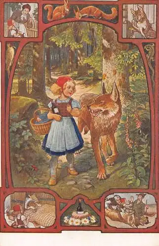 B084 Märchenfantasie Rotkäppchen Wolf Szenen Eichhörnchen Postkarte