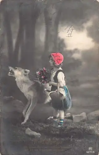 B084 Märchenfantasie Rotkäppchen Wolf Fotomontage Postkarte