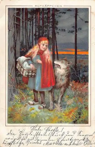 B084 Märchenfantasie 1901 Rotkäppchenwolf im Wald Postkarte