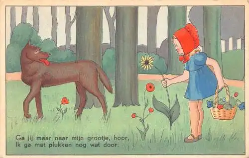B084 Märchenfantasie Rotkäppchen Wolf Blumen Wald 1934 Postkarte
