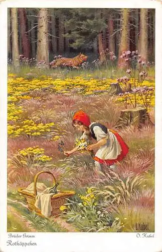 B084 Märchenfantasie Rotkäppchen sammelt Blumen Wolf Postkarte