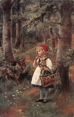 B084 Märchenfantasie Rotkäppchen und Wolf im Wald verloren Postkarte