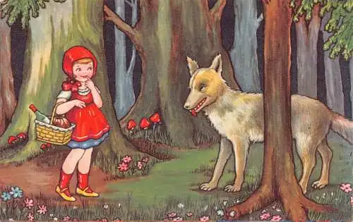 B084 Märchenfantasie Rotkäppchen trifft Wolf im Wald 1930 Postkarte