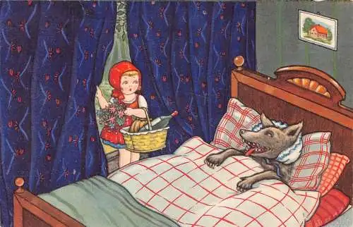 B084 Märchenfantasie Rotkäppchen trifft Wolf im Bett 1944 Postkarte
