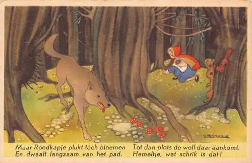 B084 Märchenfantasie Wolf folgt Rotkäppchen im Wald Postkarte
