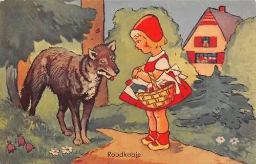 B084 Märchenfantasie Rotkäppchen trifft Wolf Roodkapje 1935 Postkarte