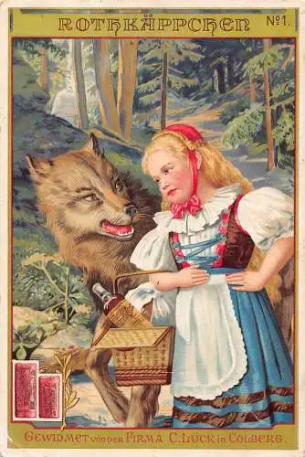 B083 Fantasy Märchen Rotkäppchen und Wolf im Wald trinken Adv Postkarte