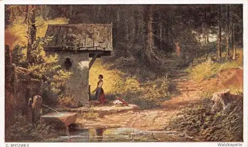 Frau betet in Waldkapelle nahe Brunnensee Kunst von C Spitzweg Postkarte