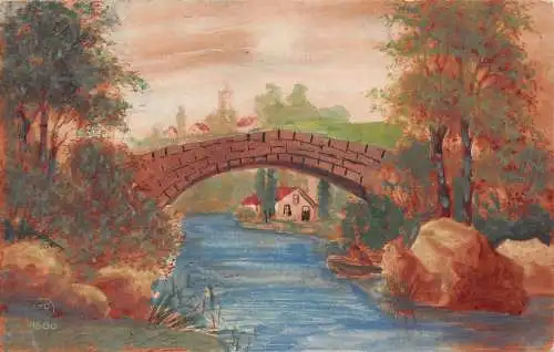 Handgemalte Landschaft Wald Brücke Häuser Fluss Vintage Postkarte