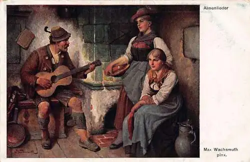 Almenlieder Kunst von Max Wachsmuth Gitarrist Kellnerinnen Vintage Postkarte
